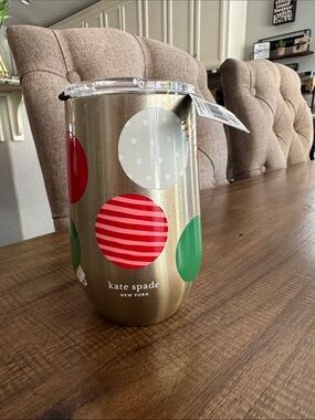 kate spade Gold Tumbler with Red, Green and White Polka Dots